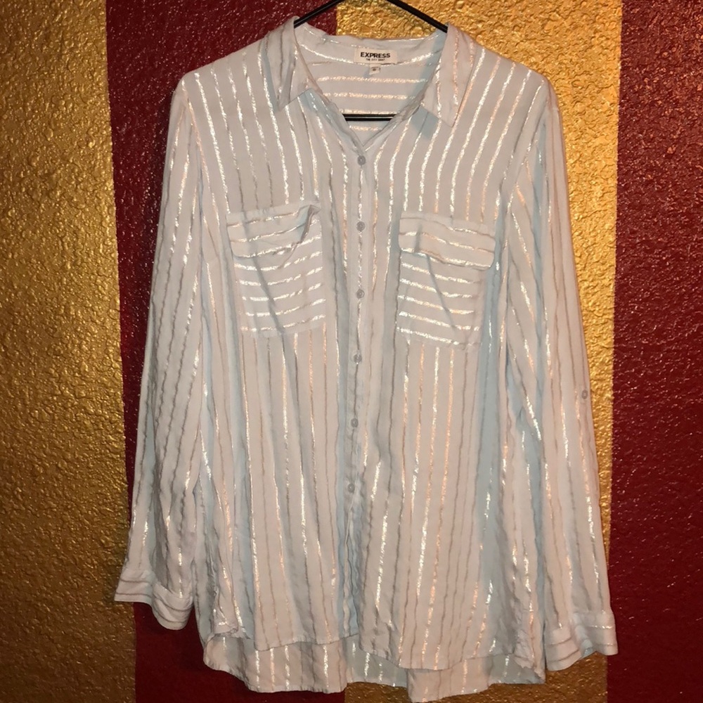 Baby blue and silver metallic button up